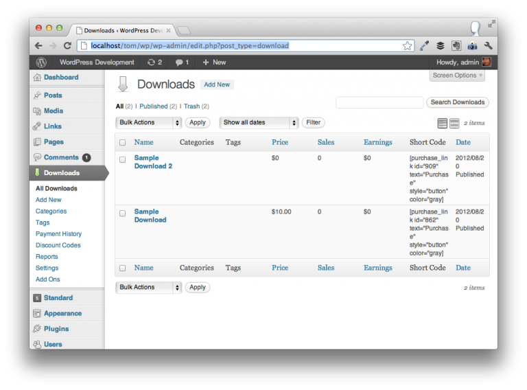 Easy Digital Downloads Dashboard