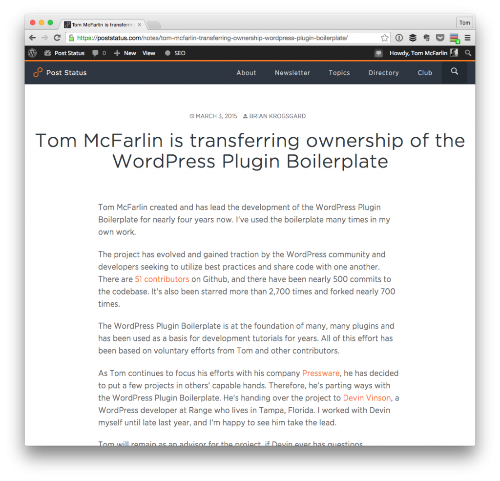 WordPress Plugin Boilerplate on Post Status