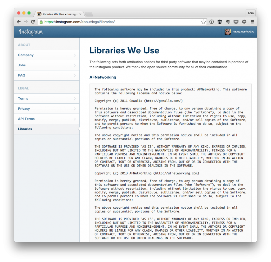 Instagram's third-party libraries.