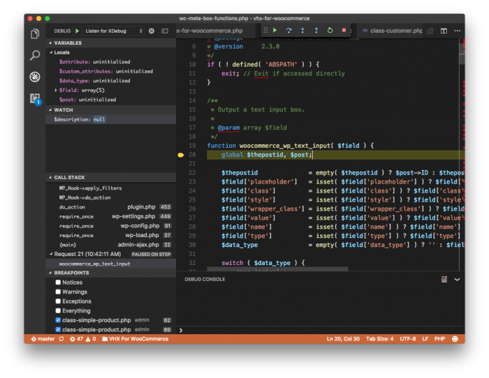 Visual Studio Code Debugger: WooCommerce Core