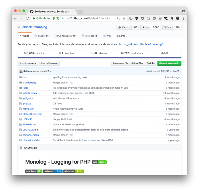 PSR Logging Interface implemented via Monolog