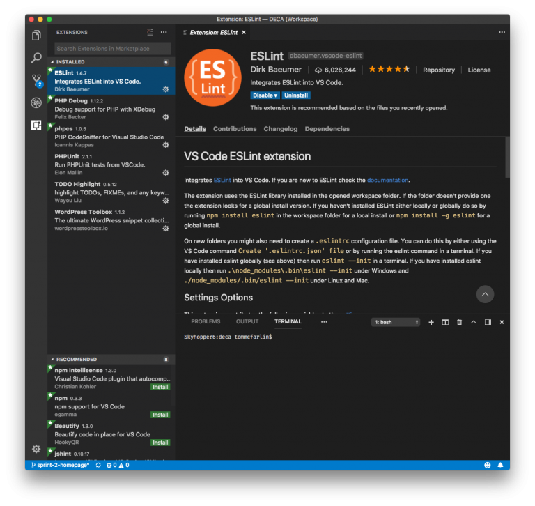 visual studio code extensions eslint