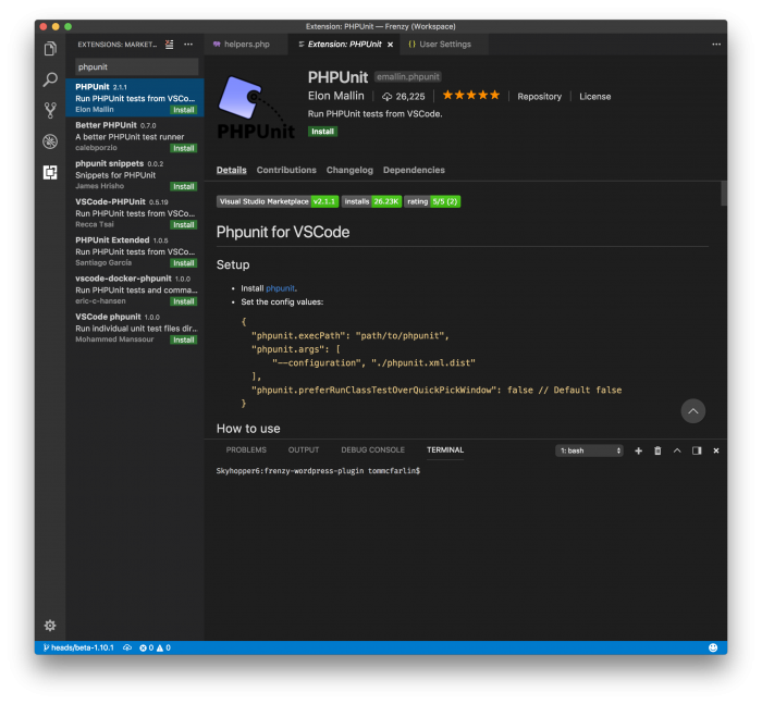 Intalling PHPUnit in Visual Studio Code: Installing the PHPUnit Extension