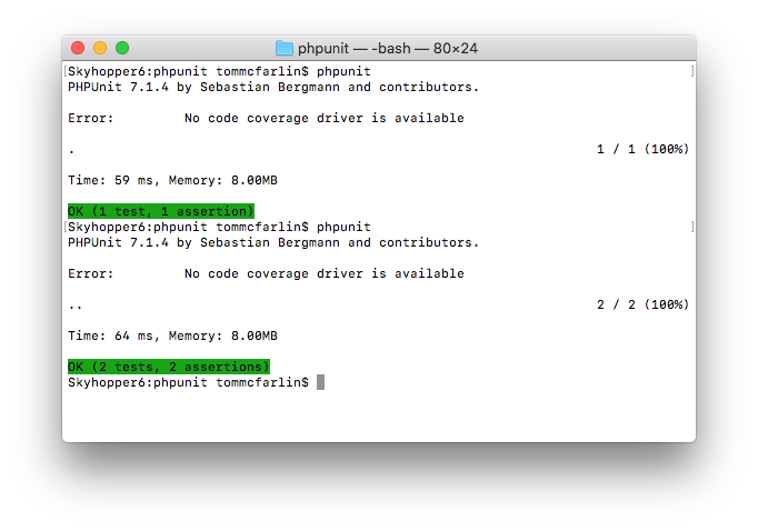 PHPUnit XML Configuration: Two Passing Tests