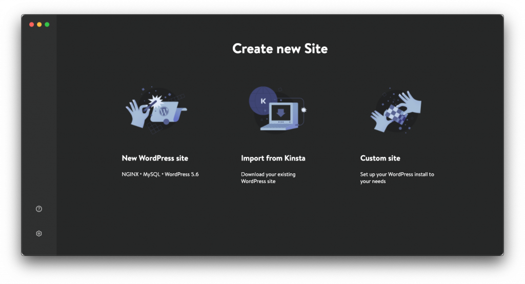 A screen showing how to create a new site within DevKinsta.