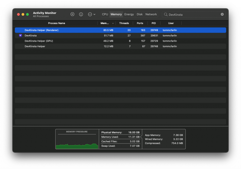 A screenshot of activity monitor showing almost 200MB of memory being used for this demo site.